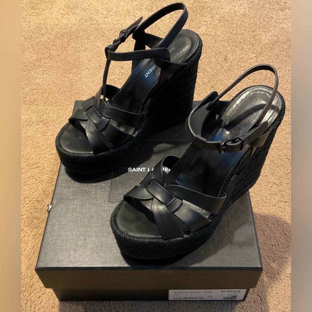 Saint Laurent Black Tribute Wedge Espadrille Sandals; size 38